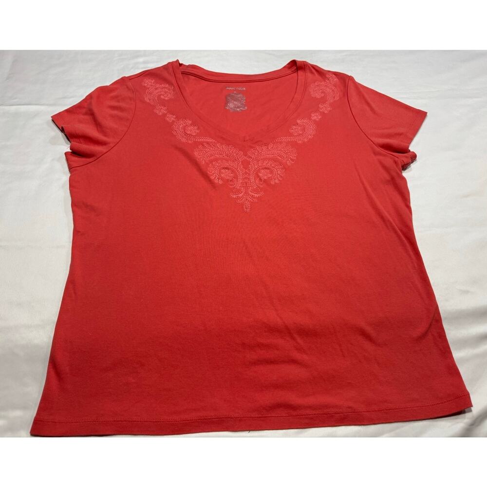 St John’s Bay Women’s XL 100% Cotton Red Tee Embroidered Short Cap Sleeves